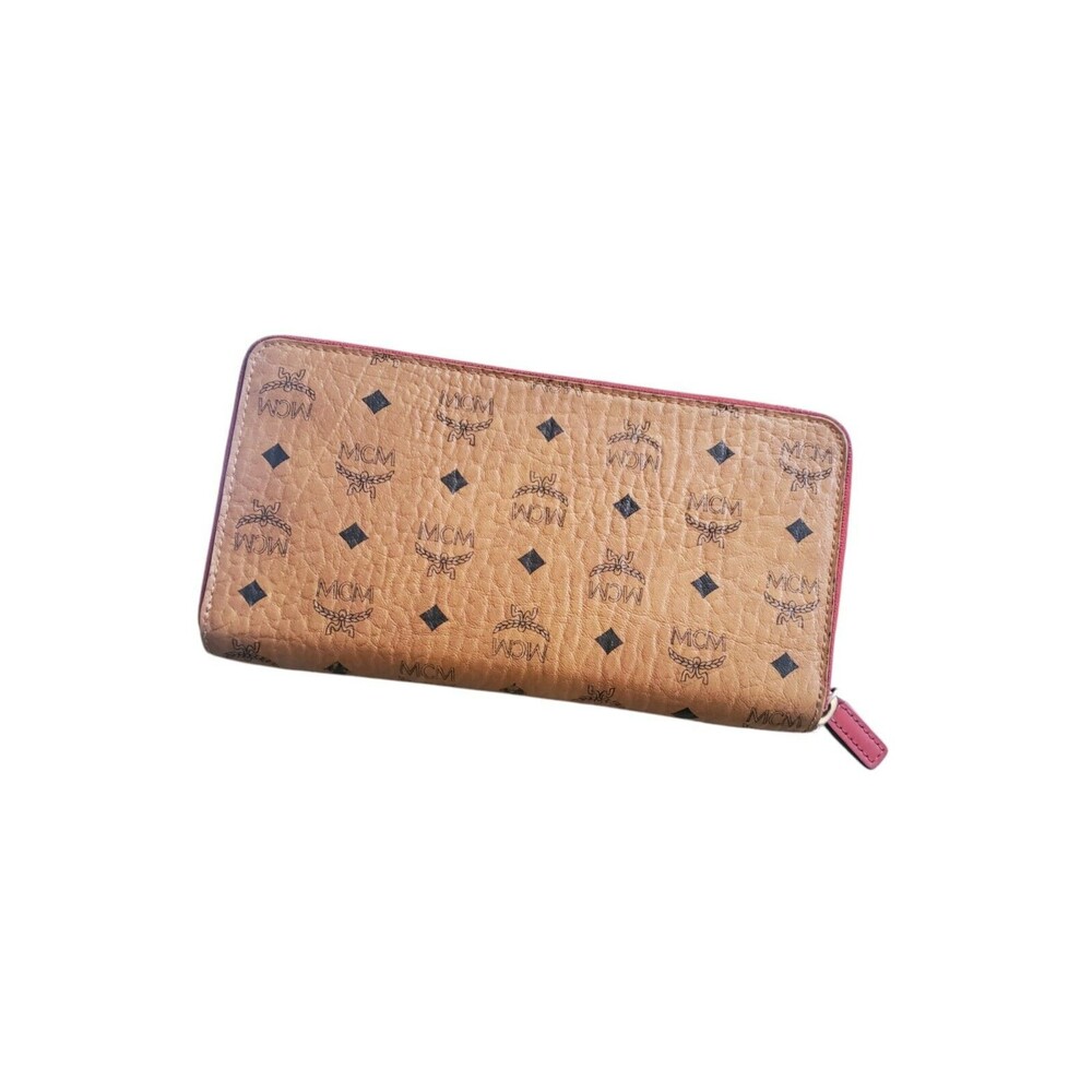 MCM Visetos Large Zip Around Wallet Cognac Red Trim